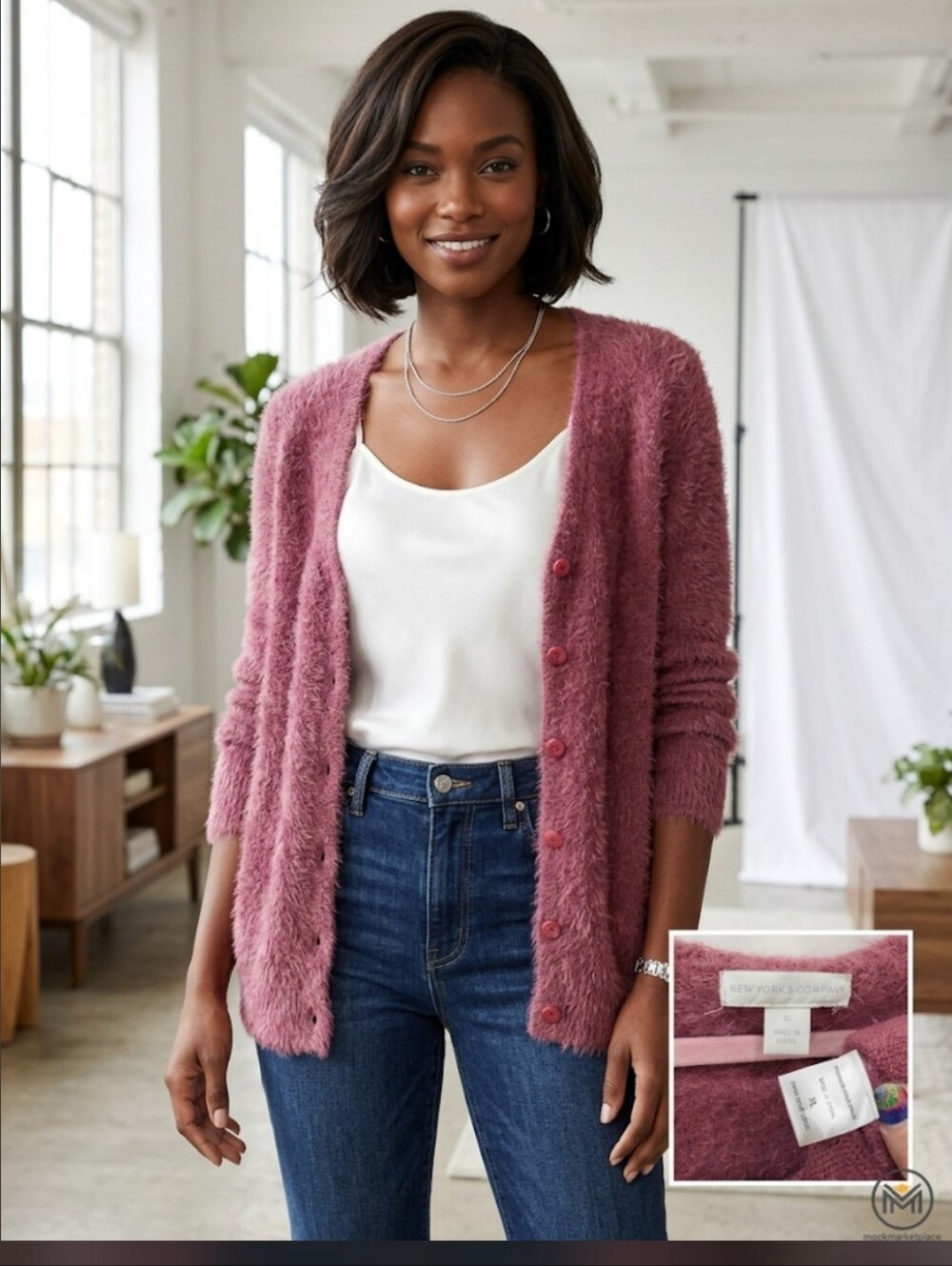 New York & Company Fuzzy Eyelash Knit Cardigan XL Berry Plum Mauve Soft